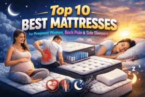 Top 10 best mattresses for pregnant women, back pain relief, and side sleepers by Anjani Furnishings, showcasing comfort, spinal support, and peaceful sleep.