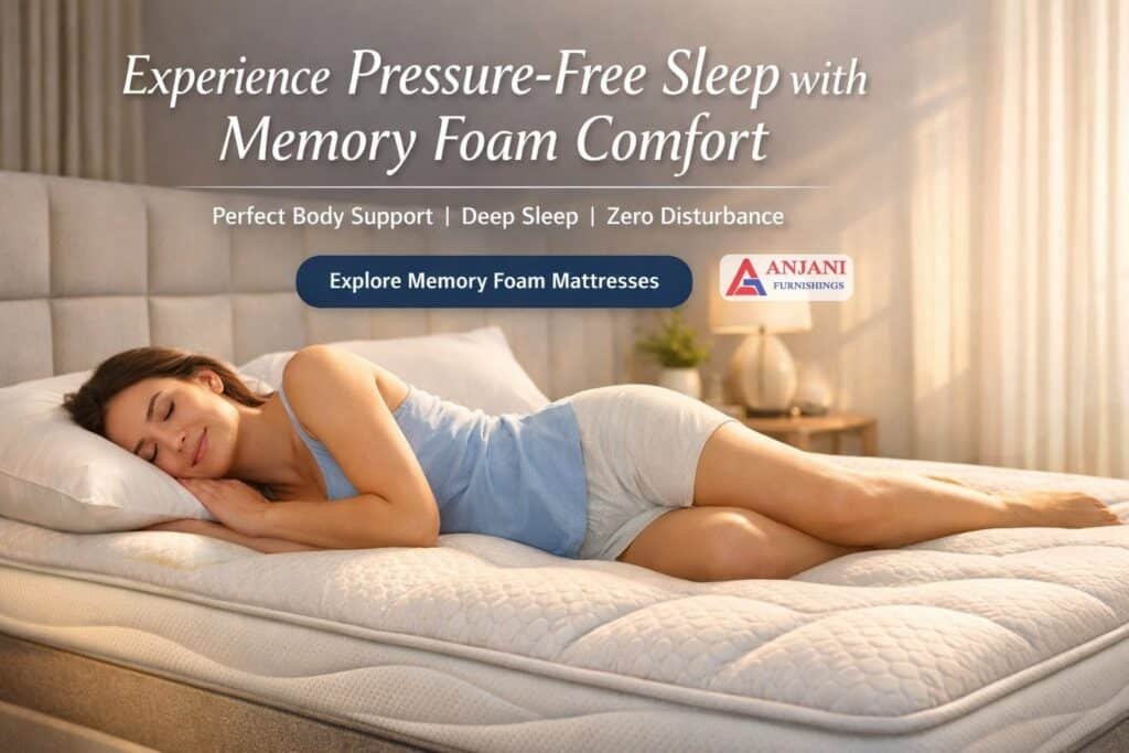 Luxury memory foam mattress by Anjani Furnishings providing pressure-free sleep, body-contouring comfort, and deep relaxation in a modern bedroom setting