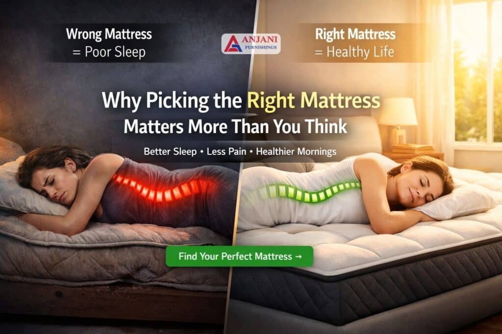 Comparison of wrong vs right mattress showing back pain relief, proper spine alignment, and healthy sleep benefits by Anjani Furnishings
